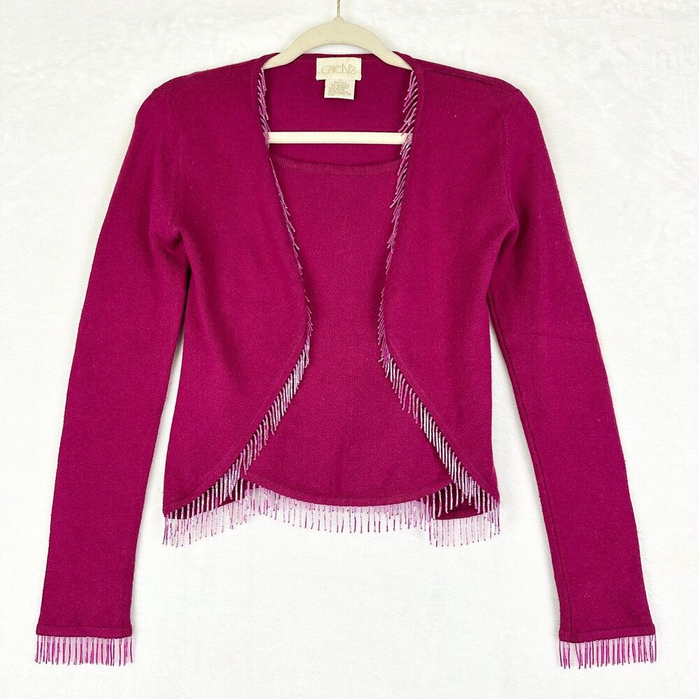Cache Vintage Y2k Silk Cashmere Beaded Fringe Cardigan Sweater Set Size Small